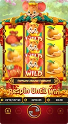 Fortune Mouse · Mengecek tiga kolom informasi finansial di atas bilah tombol putar.