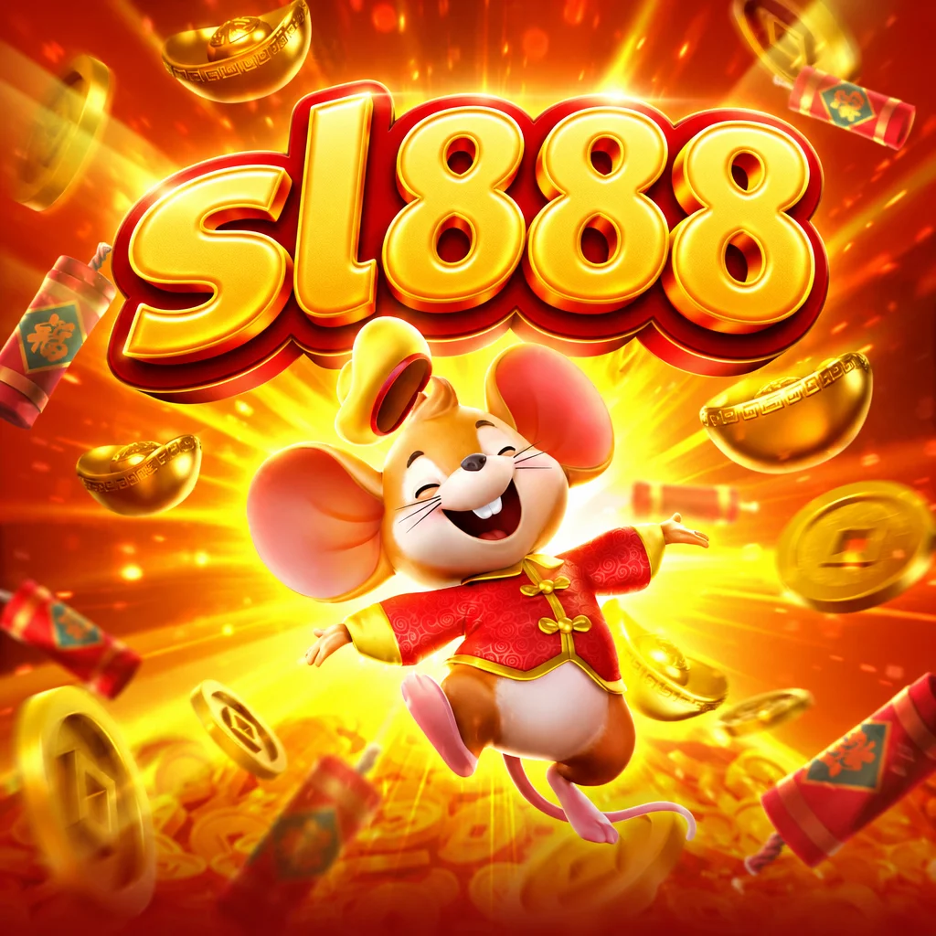 sl888 Fortune Mouse dengan karakter tikus ceria berpakaian merah tradisional berlatar koin emas dan petasan