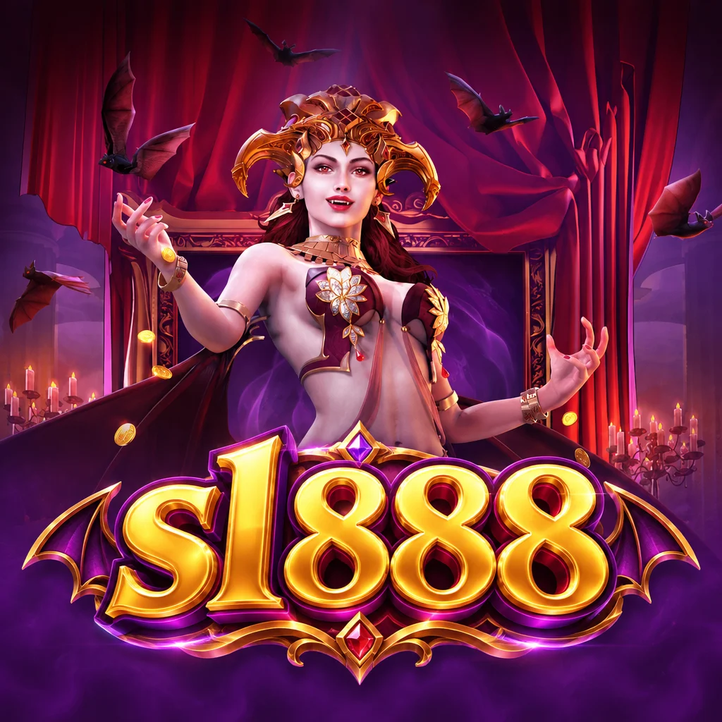 sl888 Vampire's Charm menampilkan ratu vampir bermahkota emas dengan latar tirai merah dan kelelawar